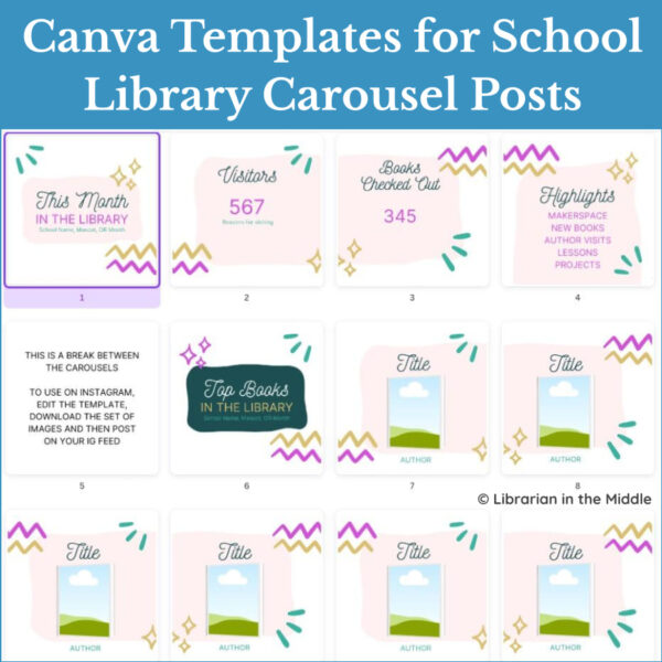 12 square designs for school library social media posts in Canva.