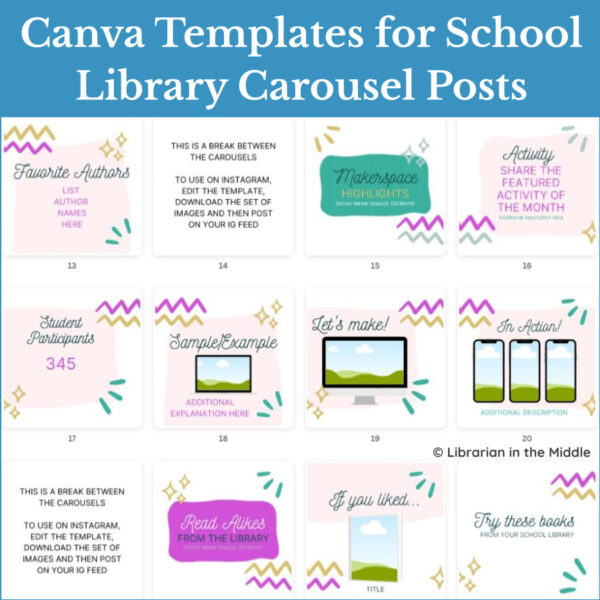 12 more square designs for school library social media posts in Canva.