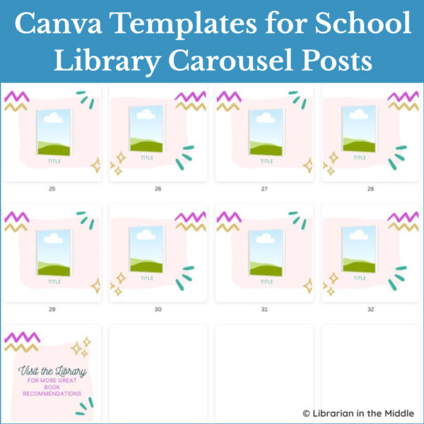 9 square designs for school library social media posts in Canva.
