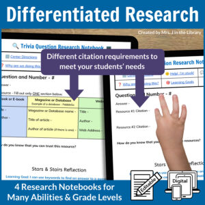 2 different versions of research notebooks with text, Different citation requirements to meet your students' needs, and 4 Research Notebooks for Many Abilities and Grade Levels.