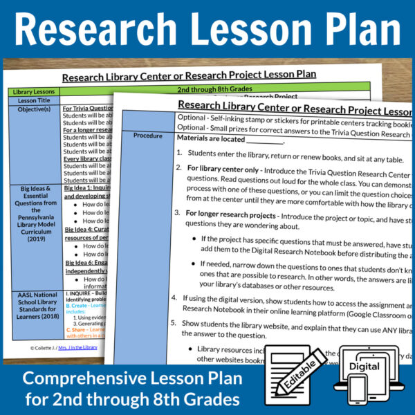 2 pages of lesson plan for 2nd through 8th grade research project or elementary research library center.