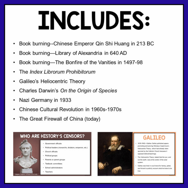 2 screenshots of sample slides along with list of 9 censorship events.