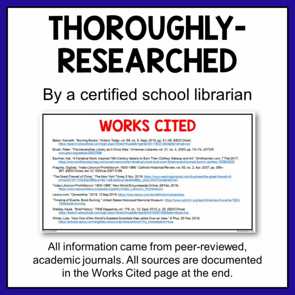 Thoroughly-Researched by a certified school librarian above screenshot of works cited slide. All information came from peer-reviewed academic journals.