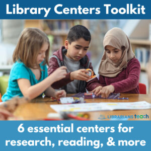 3 students work at a table in a school library with text: 6 essential centers for research, reading, and more.