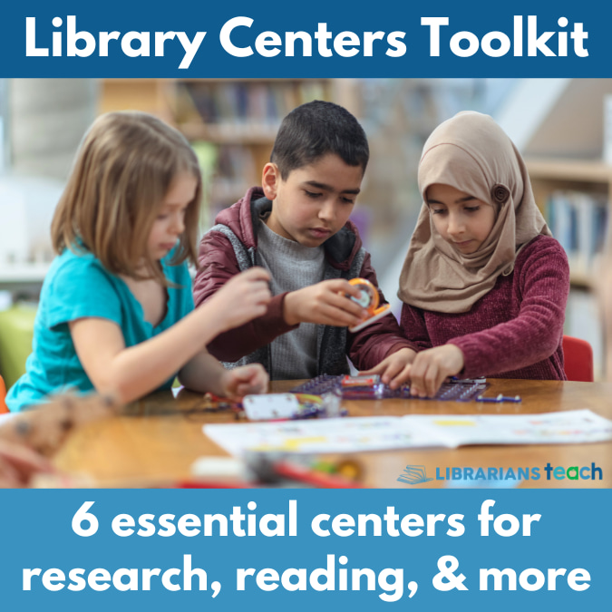 3 students work at a table in a school library with text: 6 essential centers for research, reading, and more.