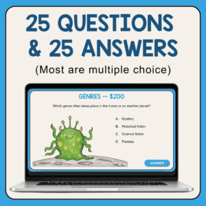 Game slide on laptop with text: 25 questions and answers; most are multiple choice.