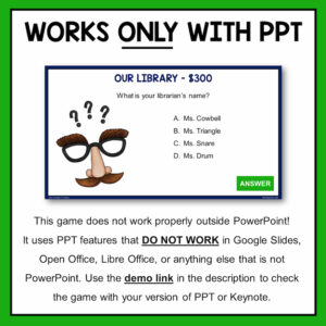 Works only with PowerPoint above screenshot of game slide. This game does not work properly outside PowerPoint!