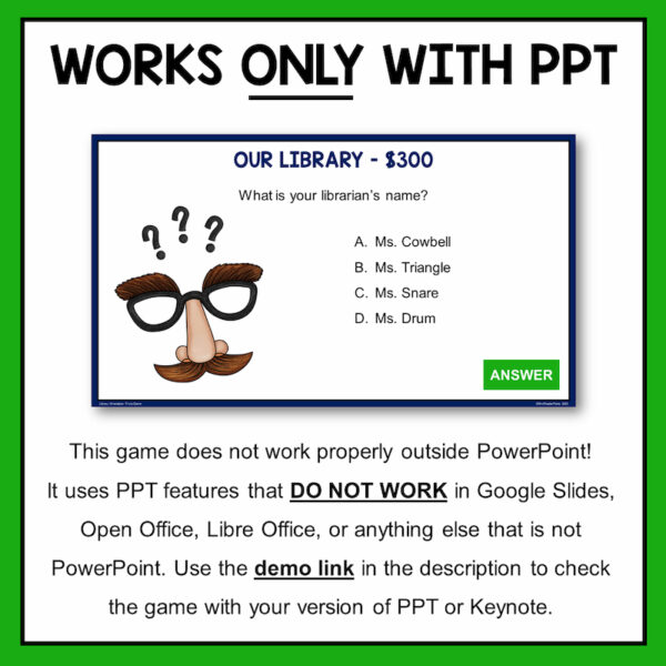 Works Only With PPT above screenshot of game slide. This game does not work properly outside PowerPoint!