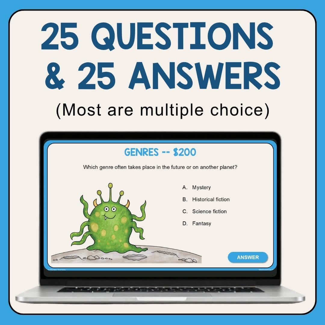 Game slide on laptop with text: 25 questions and answers; most are multiple choice.
