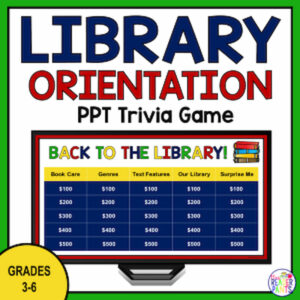 PowerPoint Trivia Game board for library orientation; grades 3-6.