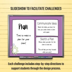 Lesson presentation slideshow on computer screen; Each challenge includes step-by-step directions to support students through the design process.