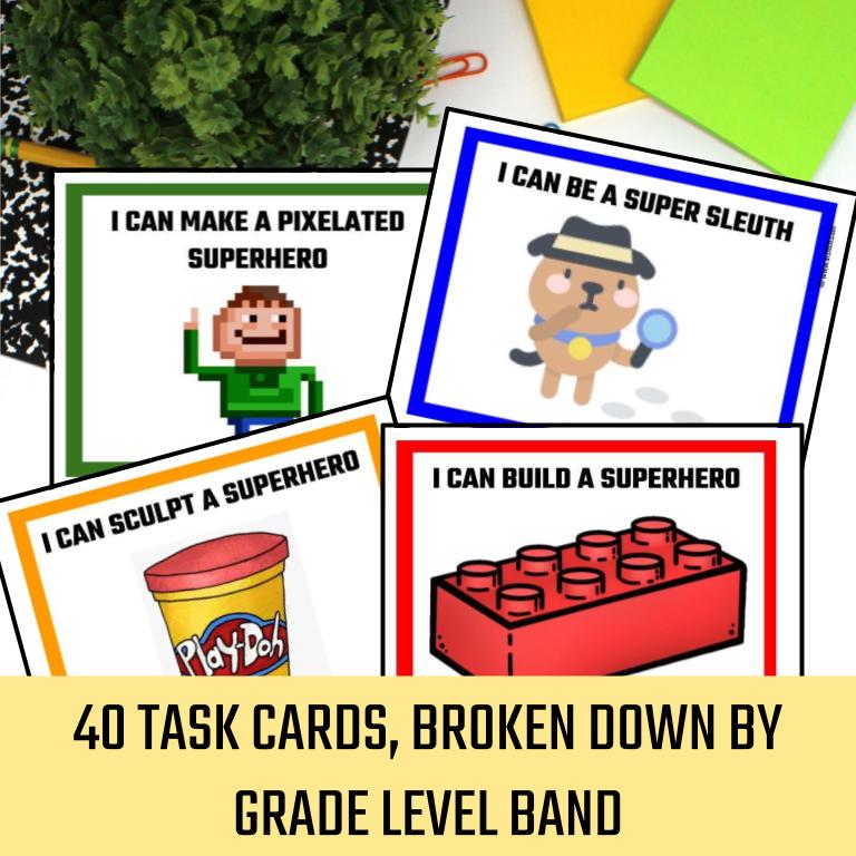 4 task card activities, broken down by grade level band.