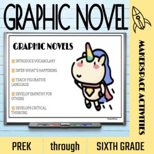 Lesson slide with unicorn and information about graphic novels with text: PreK through Sixth Grade.