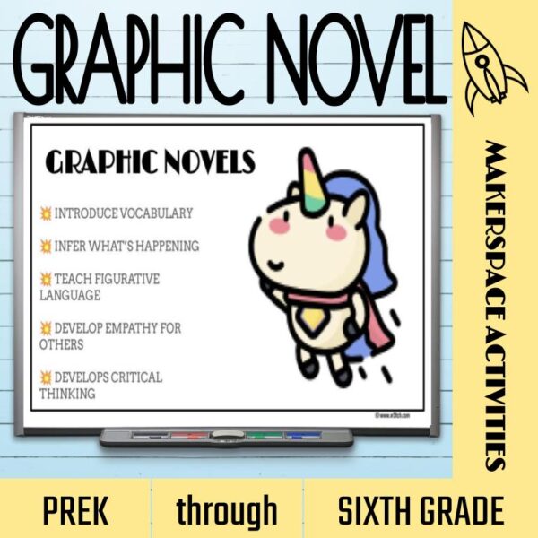 Lesson slide with unicorn and information about graphic novels with text: PreK through Sixth Grade.