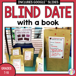 Brown paper bags with cards taped on them with text: Blind Date with a book, Grades 7-10.