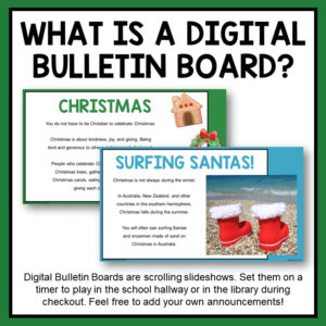 Christmas and Surfing Santas slides with text: What is a Digital Bulletin Board?