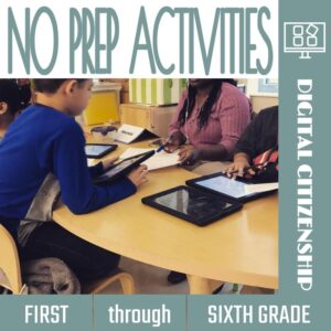 3 students using tablets at a table in the library with text: 1st through 6th grade.
