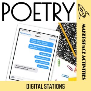 Texting poetry on tablet screen with text: Poetry Digital Stations.