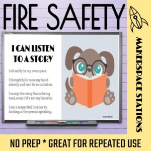 Lesson slide with a dog reading a book and text: No Prep, great for repeated use.