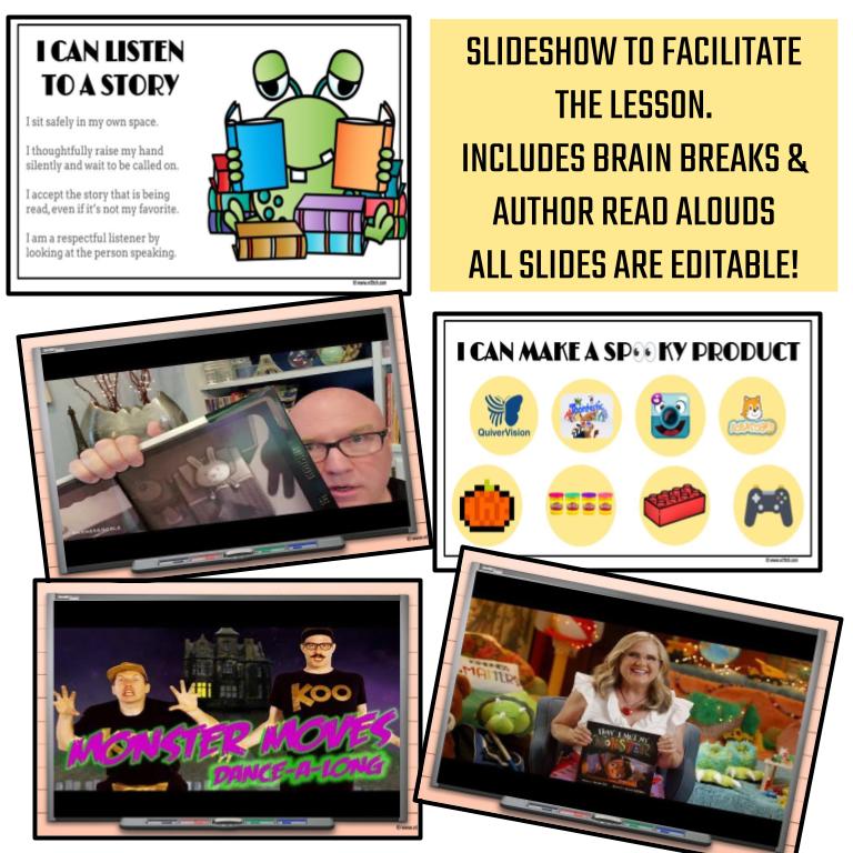 5 slides of lesson presentation with brain breaks, video read alouds, and choice board.