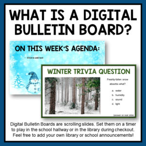 Agenda and trivia question slides with text, What is a digital bulletin board?
