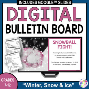 Snowball Fight slide with 3 pages of Recommended Reads and text: Grades 7-12.
