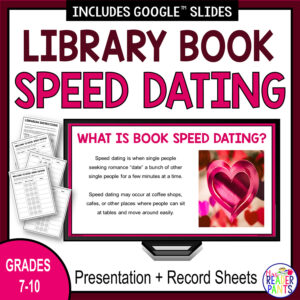 What is Book Speed Dating slide with printable record sheets on the left and text: Grades 7-10.