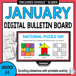 National Puzzle Day slide with 3 pages of printables and text: Grades 2-5.