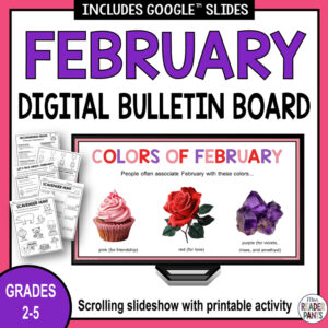 Colors of February slide with 3 pages of printables and text: Grades 2-5.