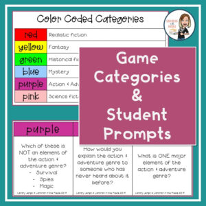 Color Coded Categories list and example of prompts for purple blocks. Text reads Game Categories and Student Prompts.