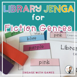 Library Jenga for Fiction Genres title with photo of lesson printables overlapping each other.