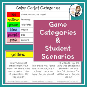 Color Coded Categories list and example of prompts for purple blocks. Text reads Game Categories and Student Prompts.