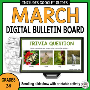 Trivia question slide with 3 pages of printables and text: Grades 2-5.