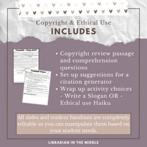 Worksheets with contents listed: copyright review passage and comprehension quesitons, set up suggestions for a citation generator, and wrap up activity choices to write a slogan or haiku.