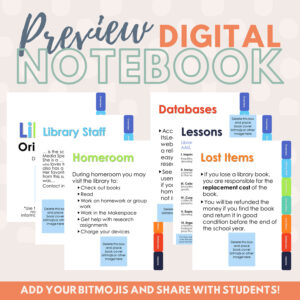 6 pages from Digital Notebook with text: Add your Bitmojis and share with students!