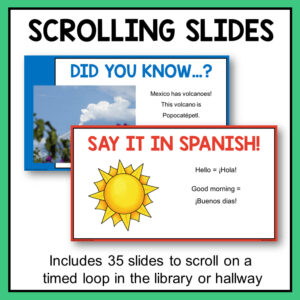 Trivia question and Spanish word slides with text, Scrolling Slides.