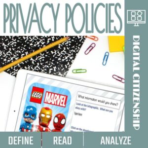 Digital activity on tablet screen with text: Define, Read, Analyze Privacy Policies.