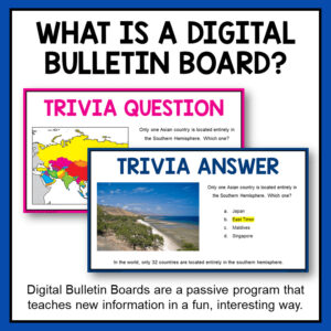Trivia question and answer slides with text, What is a digital bulletin board?