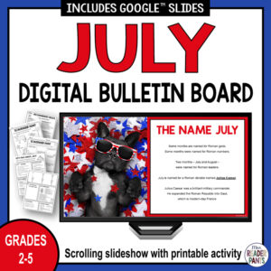 July name slide with 3 pages of printables and text: Grades 2-5.