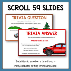 Trivia question and answer slides with text, Scroll 59 slides.