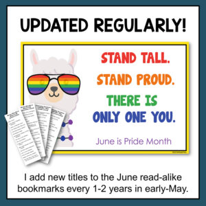 Pride llama poster with 4 sample bookmarks and text: Updated Regularly.