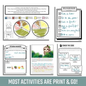 Printable digital wellness challenge activity and artwork password activity with text: Most activities are print and go!