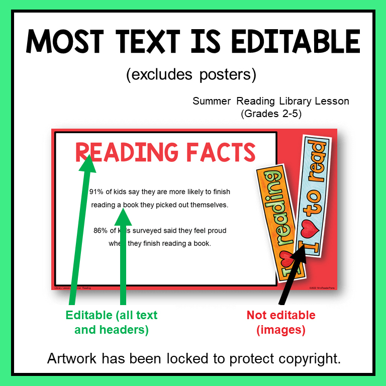 Reading Facts slide from Summer Reading Library Lesson with text: Most text is editable, excludes posters.