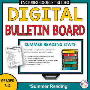 Summer Reading stats slide with Recommended Reads list and text: Grades 7-12.