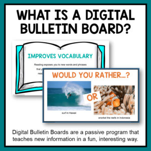 Vocabulary and would-you-rather slides with text, What is a digital bulletin board?
