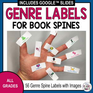 9 genre labels stuck to a light-skinned hand with text: 53 genre spine labels with images; all grades.