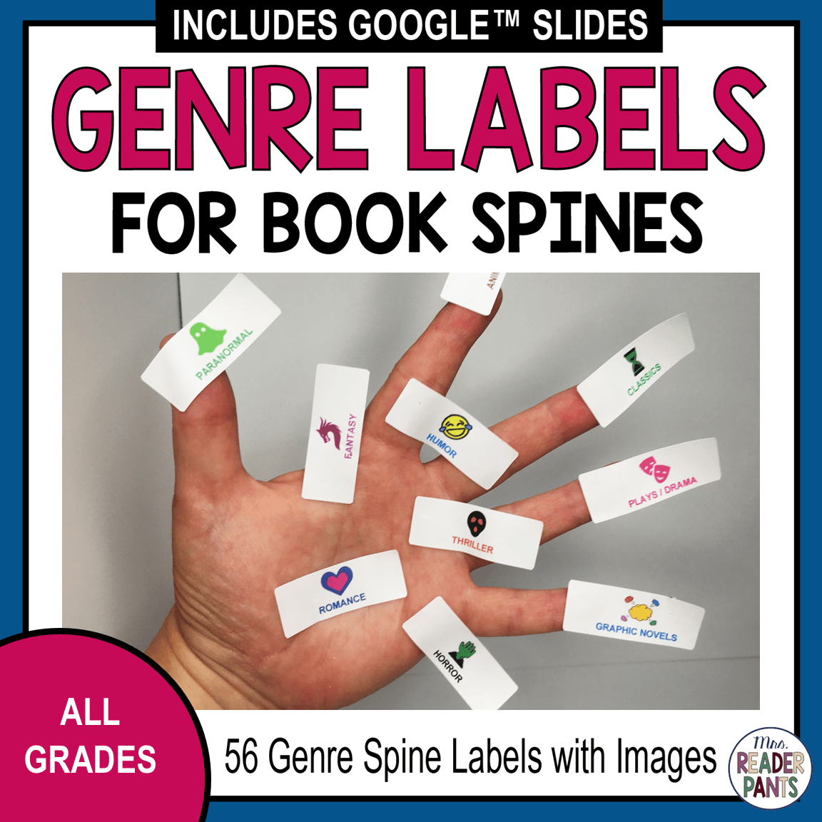 9 genre labels stuck to a light-skinned hand with text: 53 genre spine labels with images; all grades.