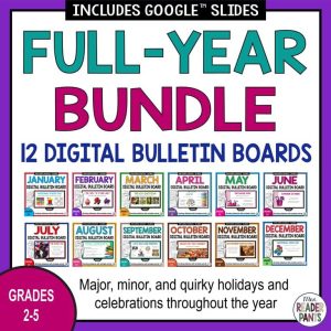 12 Digital Bulletin Board covers with text: Full-Year Bundle, Grades 2-5.