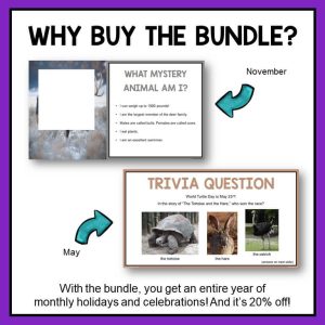 Mystery animal and trivia question slides with text: Why Buy the Bundle?