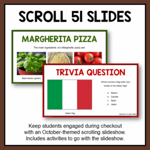 Margherita pizza and trivia question slides with text: Scroll 51 slides.